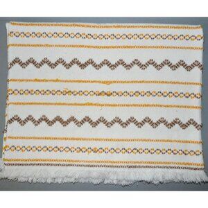 Vintage White Yellow & Brown Woven 45" X 32" Lap Throw Blanket Fringe Trim